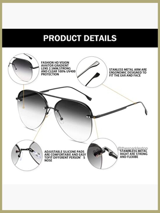 Stainless Steel Rimless Aviator Sunglasses Oversized UV400 Protection